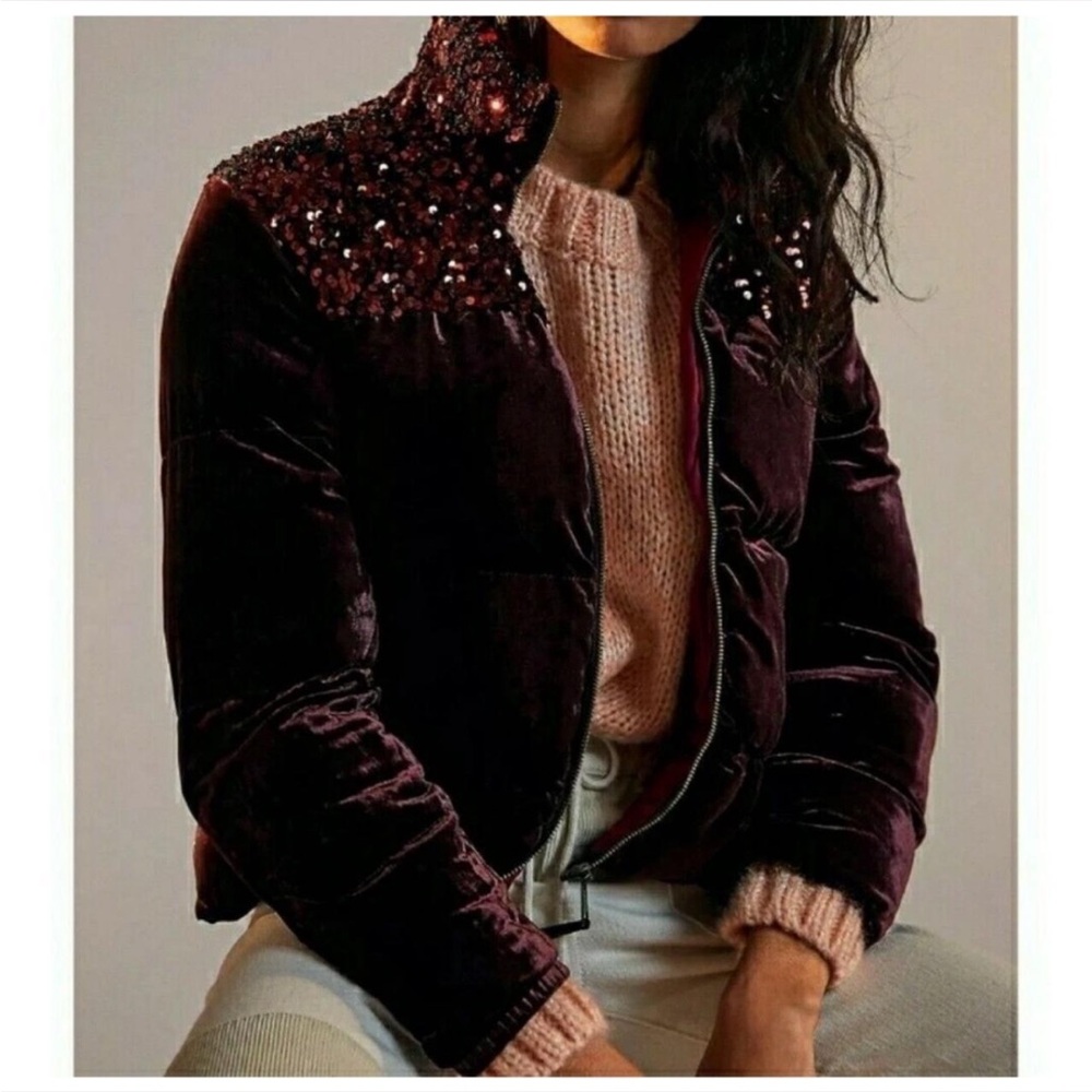 Anthropologie Maeve Vera Sequined Velvet Puffer Jacket